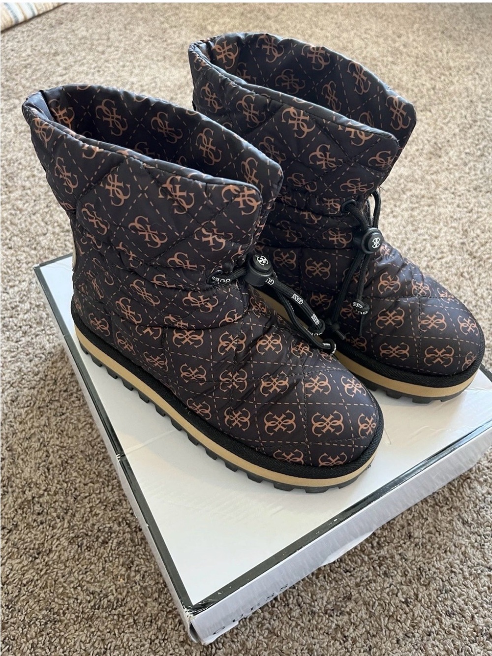 Guess Quilted Logo Snow Boots - Brown with Pink Logo
